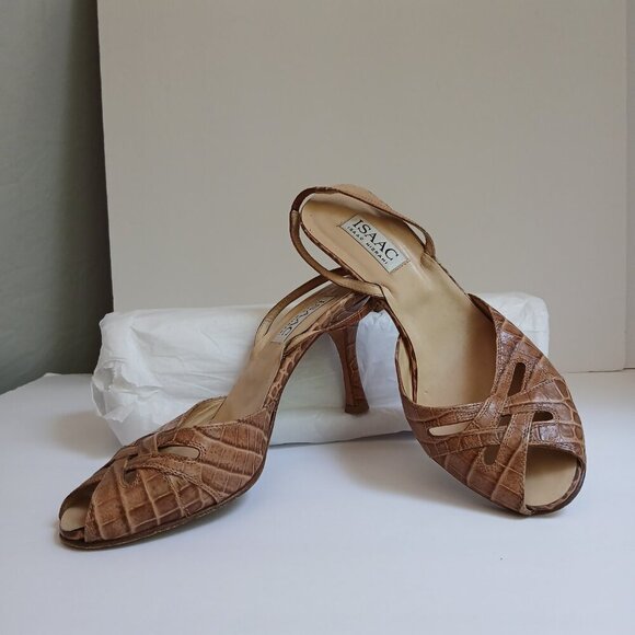 Brown Leather Reptile Print Cut Out PeepToe Sling-Back High Kitten heels Sz 8.5 - Picture 9 of 9